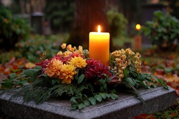 A candle sits atop a headstone surrounded by flowers A graveyard setting