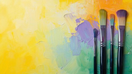 Fototapeta premium in the lower right corner lies a brush and palette knife, a delicate yellow background in a light green matte color, voluminous paint strokes and various shades of very light purple and blue shades