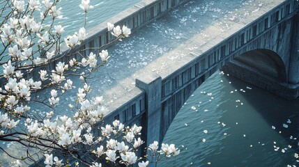 Spring bridge blossoms concrete arch bridge magnolia tree flowers white petals water reflection historic architecture natural setting