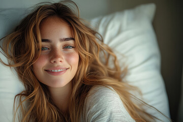 Fototapeta premium Relaxed Young Woman Experiencing a Peaceful Stay in Hotel