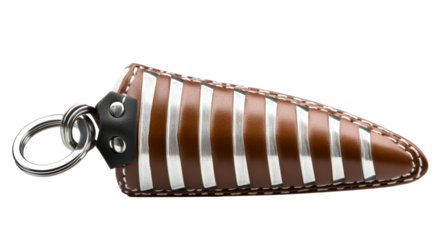 Brown leather key case with silver stripes, white stitching, cut out transparent