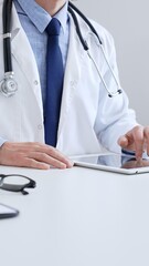 Adult male doctor wearing lab coat and stethoscope using digital tablet while sitting at desk in...