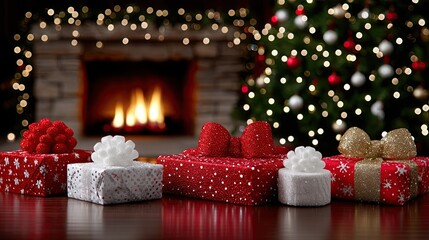 Christmas gifts are arranged beautifully in front of a warm fireplace and a decorated tree.