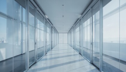 Fototapeta premium Long modern corridor with glass walls, smooth flooring, and minimalist interior design. Natural light filters in, illuminating space with reflections. Sleek, contemporary feel, openness, and symmetry.