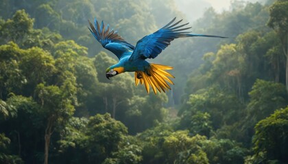 Vibrant blue macaw flying high in rich forest. Yellow, green, blue colors. Tropical bird soars with outstretched wings. Exotic parrot in mid-flight towards plants. Beautiful blue, yellow plumage,