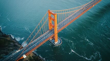 Bridge engineering innovations bird's-eye view Golden Gate Bridge Art Deco towers International Orange steel framework suspension bridge design