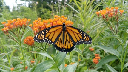 Obraz premium Vibrant monarch butterfly resting on bright orange flower in lush summer garden with sunlight and green foliage background 