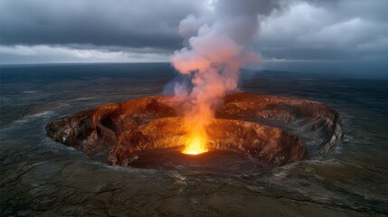 Fototapeta premium Kilauea Eruption concept. Volcanic eruption with smoke and lava against a cloudy sky.