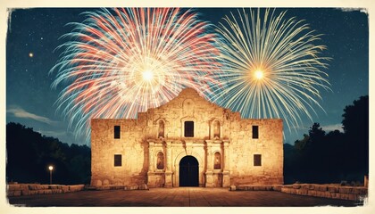 Texas independence grand celebration at Alamo. Vintage illustration with fireworks, star, tree, lake. Iconic landmark with red brick roof, stone facade, archway. Night scene with dark blue sky,