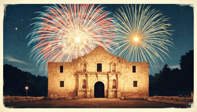 Texas independence grand celebration at Alamo. Vintage illustration with fireworks, star, tree, lake. Iconic landmark with red brick roof, stone facade, archway. Night scene with dark blue sky,