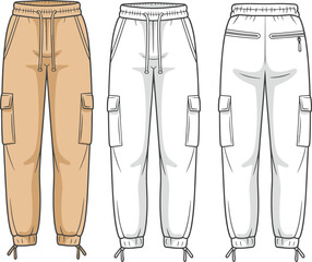 Vector cargo pants template with flap side pockets, drawstring waist and cuffs, zippered back pockets, elastic waistband, front back views