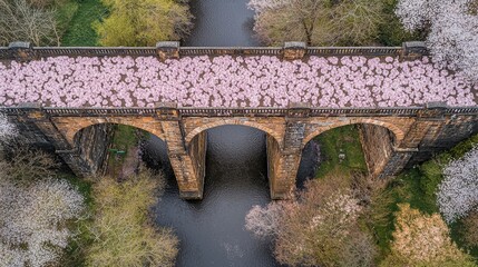 Spring bridge blossoms railway stone arch historic aerial perspective cherry petals pink covering bridge structure river natural landscape