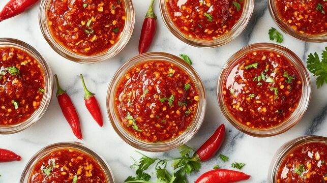 Chili jam homemade preserve glass containers spicy red pepper sauce fresh cilantro herbs marble background gourmet restaurant condiment styling - Powered by Adobe