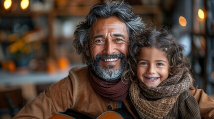Obraz premium Smiling man & girl, arm around, warm-toned bokeh background, looking at the viewer