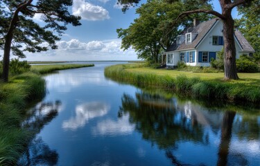 A house in the Netherlands is surrounded by green fields and canals, with water reflecting its architecture and creating an idyllic countryside scene.