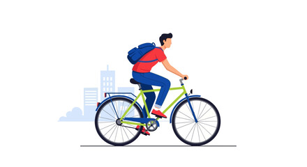 Fototapeta premium man with backpack riding bicycle, city background