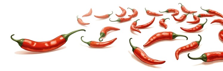 Red chili peppers in vibrant colors scattered across gray background. Grouped and dispersed peppers in realistic style. Focus on rich, vivid red color. Fresh, whole, ripe peppers illustration.