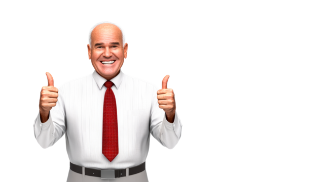 Confident older businessman thumbs up, successful, smiling, cut out transparent