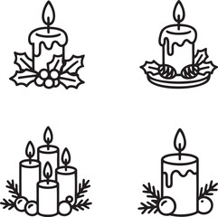 Set of Christmas candle Outline vector illustration isolated On Transparent Background