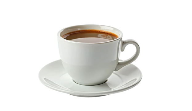 A white glass of coffee with a small saucer isolated on transparent background