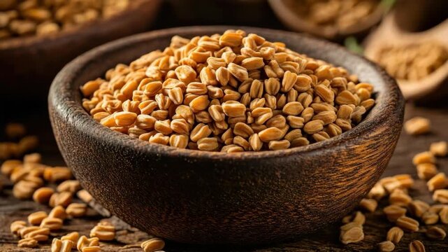 Fenugreek seeds overflowing from a rustic wooden bowl