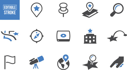 Map and Navigation Icon Set &ndash; Location Marker, GPS, Pin, Route, Destination, Travel Map, Guide, Geo, Compass, Area Finder, Locator, Explore, Wayfinding, Navigation App, Urban Map, Cartography Icons

