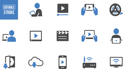 Media and Entertainment Icon Collection – Video, Audio, Gaming, Streaming, TV, Multimedia, Online Content, Film, Music App, Media Player, Smart Devices, Digital Icons, Tech Entertainment, Creative Too