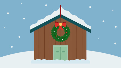 Naklejka premium christmas wreath hanging old wooden barn snow