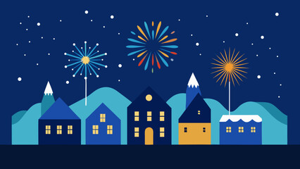 Fototapeta premium fireworks winter village new year eve