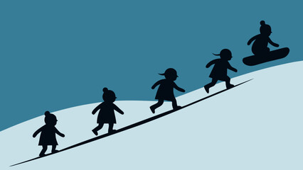 silhouettes of children sledding down snowy hill