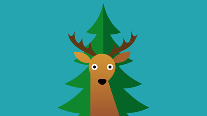 Fototapeta premium Reindeer peeking behind pine tree