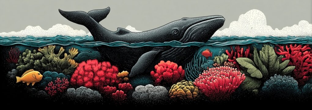 Baleine et ecosysteme marin colore avec coraux illustration artistique