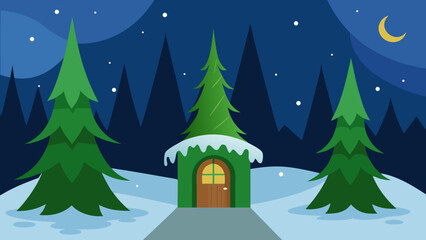 Naklejka premium elf workshop snowy pine forest