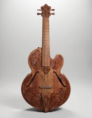 Naklejka premium Wooden guitar crafted in traditional style with intricate carvings, floral patterns. Brown hue, half-round body, neck, strings extending from circular body, ornate woodwork on stringed instrument.