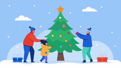 family decorating christmas tree snow