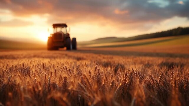 Sunset over golden wheat fields with tractor working in the rural landscape