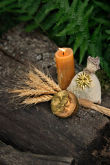 Burning candle, witch bag, wheat ears and symbolic moon amulet in forest, natural background....