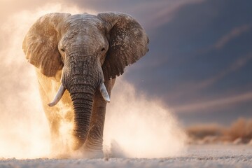 A large elephant strides forward dust swirling around its legs set against a mixed sky