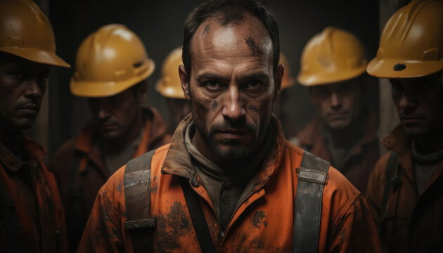 Miner worker in dirty orange uniform, reflective gear, surrounded by colleagues in helmets, hard hats, safety gear. Laborer with face, headlamp, in mine, tunnel, underground, industry, team, danger,