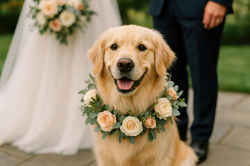 Golden retriever wearing flower crown at wedding ceremony