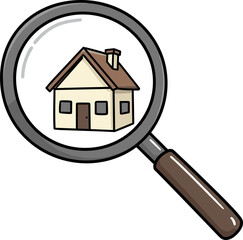 Cartoon magnifying glass focusing on a small house illustration  