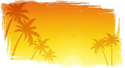 Fototapeta premium Summer background featuring palm trees, bright sun, and white brush strokes for seasonal graphic design. 