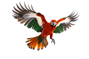 Fototapeta premium Bright red macaw parrot soaring, wings wide open, vibrant plumage, cut out transparent