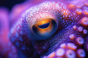 Close-Up of Octopus Eye Illuminated by UV Light