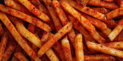 Close-up of spicy seasoned French fries with crispy texture and golden brown color