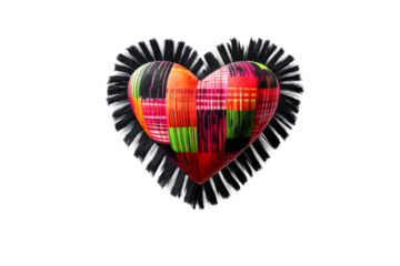 Colorful patchwork fabric heart with black lace trim, cut out transparent
