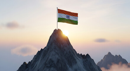 Indian flag atop a mountain peak at sunrise, symbolizing national pride and achievement.