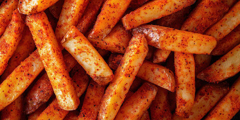 Close-up of spicy seasoned French fries with crispy texture and golden brown color
