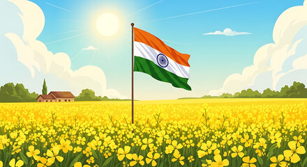 Indian flag proudly waves over a vibrant, sun-drenched mustard field, showcasing rural India's beauty.