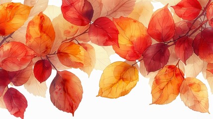 Watercolor leaves in autumn hues of red, orange, and yellow, clustered against a white backdrop